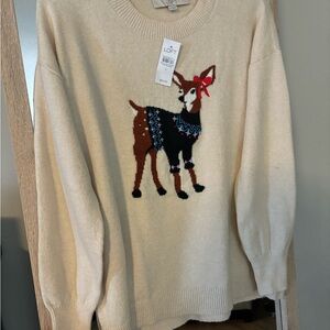 LOFT Beige Sweater with Festive Deer Design
